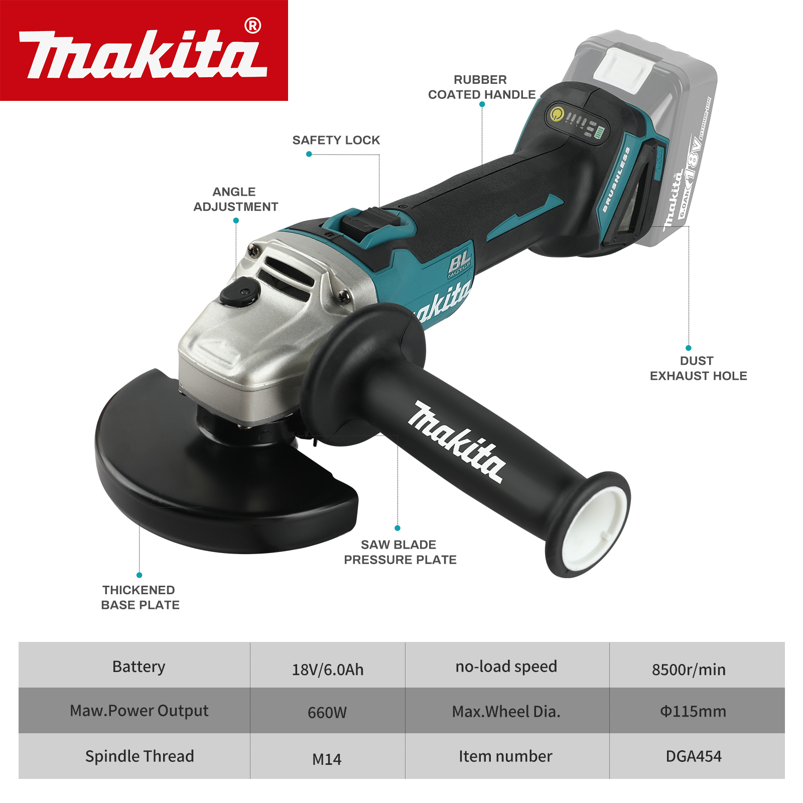 Makita DGA454 115mm 18V Brushl - Brushless Angle Grinder Battery Powered 评论和价格